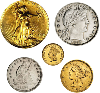 Above, Clockwise from top left, Saint-Gaudens Gold Double Eagle, Barber Half Dollar,Liberty Head Gold Half Eagle, Seated Liberty Quarter, and a Type III Gold Dollar in the center.