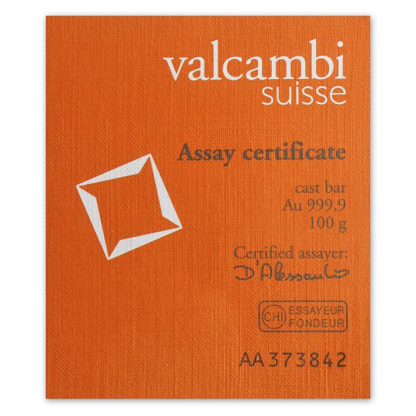 100 gram Gold Bar Cast w/Assay - Valcambi Suisse - Image 2