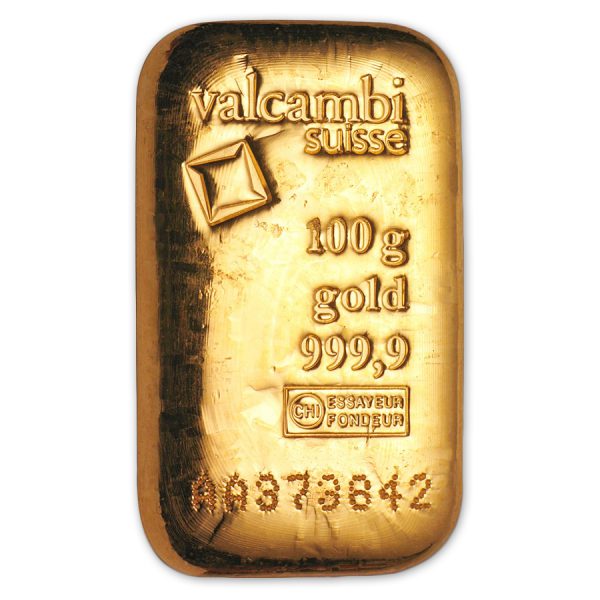 100 gram Gold Bar Cast w/Assay - Valcambi Suisse